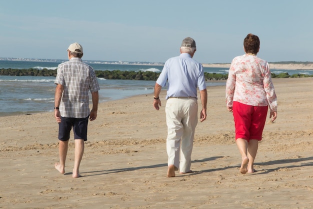 Rear view of a two senior men and woman couple walking on beach