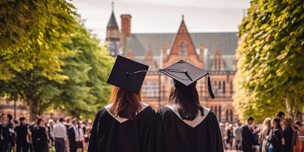 入学日に卒業式のガウンと帽子をかぶった大学卒業生の後姿