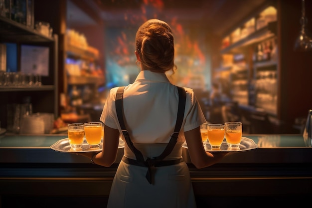 Rear view of waitress holding drinks in tray at restaurant