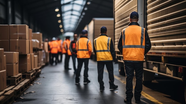 Rear view of warehouse workers This is a freight transportation