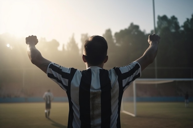 rear view of winning football player after score in a match