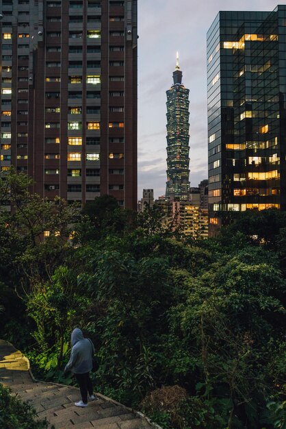 Foto vista posteriore di una donna contro edifici illuminati in città