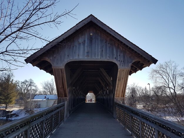 Rear view of woman on bridge against clear sky