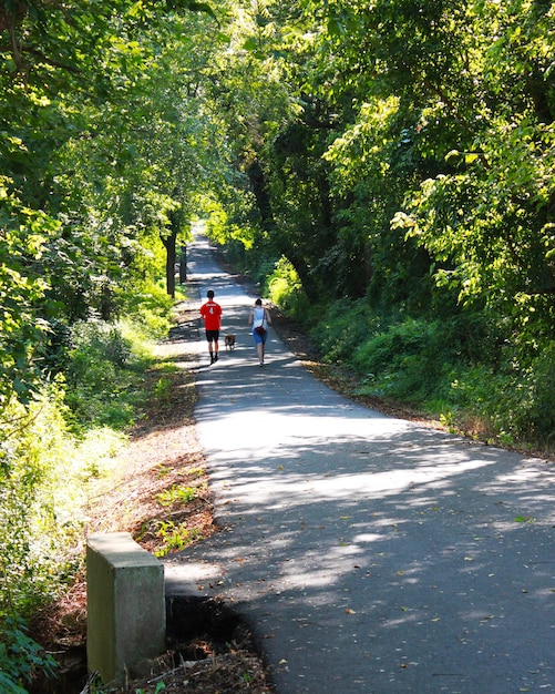 Photo rear view of woman by man with dog walking on road