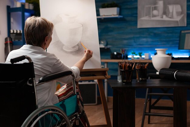 Rear view of woman drawing on canvas