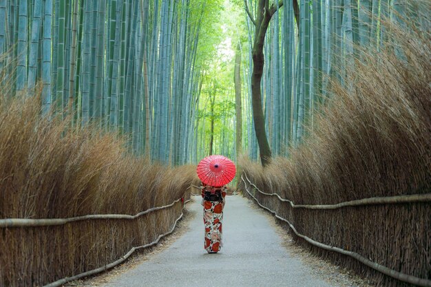 Photo rear view of woman holding umbrella while standing on footpath