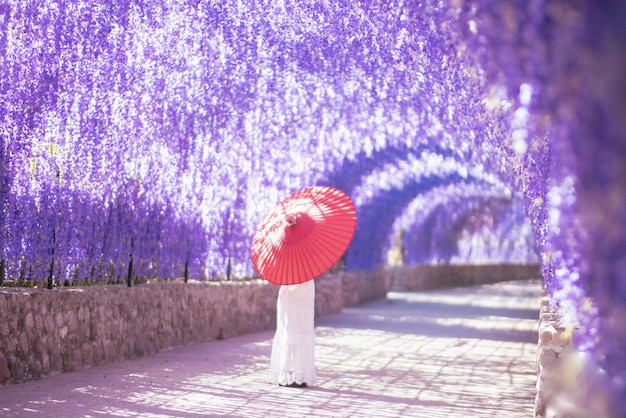 Rear view of woman holding umbrella