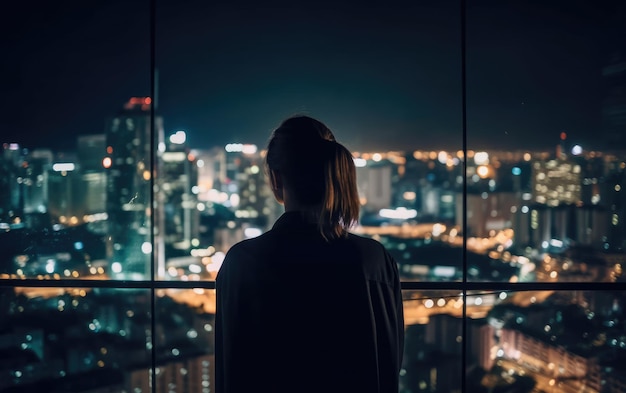 Rear view of woman looking at city at night Generative AI