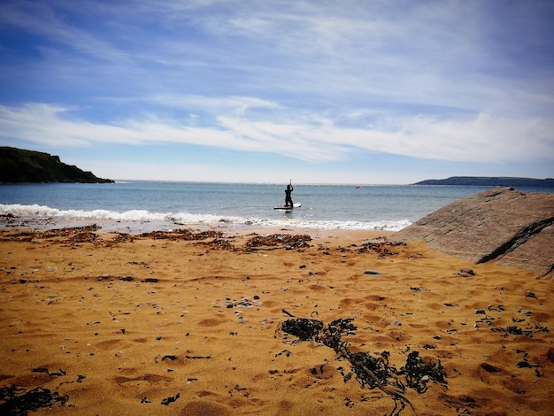 Rear view of woman paddleboarding in sea