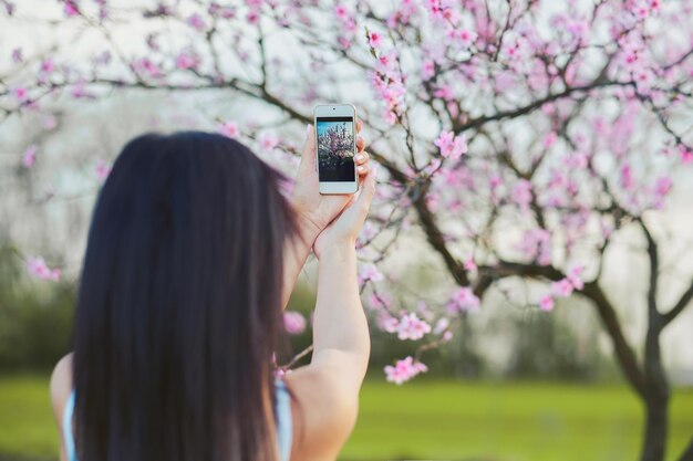 Photo rear view of woman photographing blossoms with smart phone at park