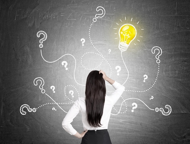 Rear view of woman questions and light bulb