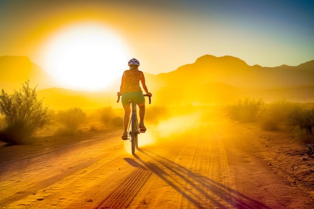 自転車に乗る女性の後姿 未舗装の道路を走る夏の日の日没時の自転車 背景の山のシルエット ジェネレーティブ AI