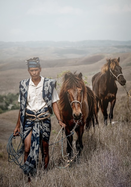 Photo rear view of woman riding horse on field against sky