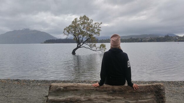 Foto vista posteriore di una donna seduta su un sedile vicino al lago