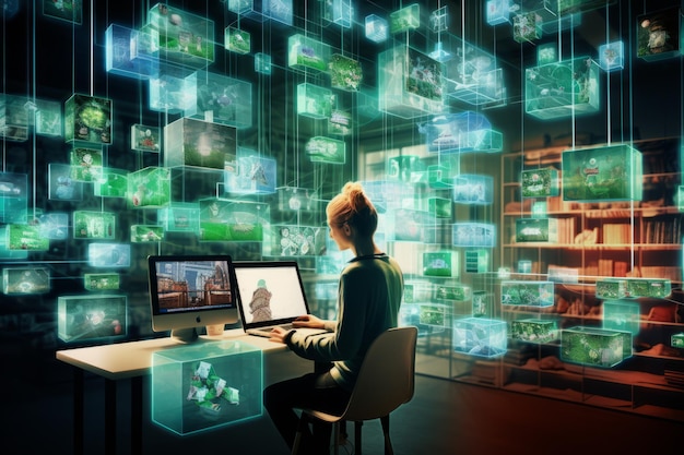 Rear view of woman sitting at table and using computer in office