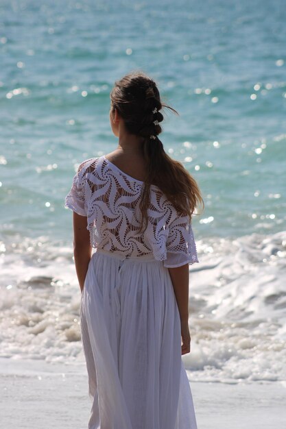 Rear view of woman standing on beach