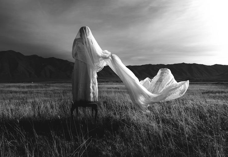 Photo 空の向こうのフィールドに立っている女性の後ろの景色