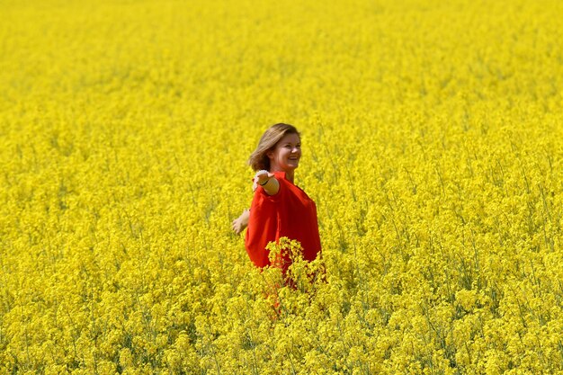 Rear view of woman standing on field