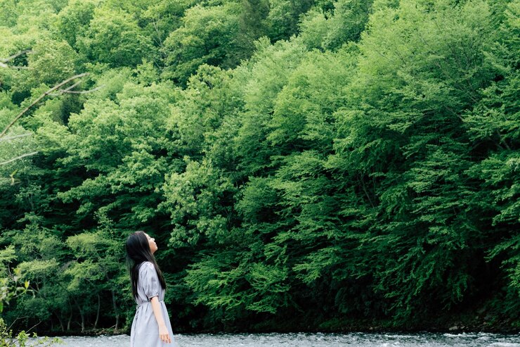 Photo 森に立っている女性の後ろの景色