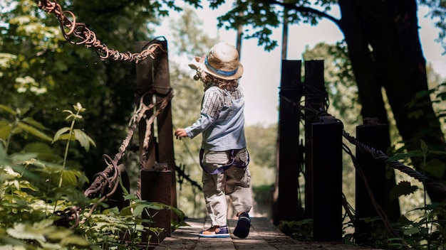 Foto vista posteriore di una donna in piedi nella foresta