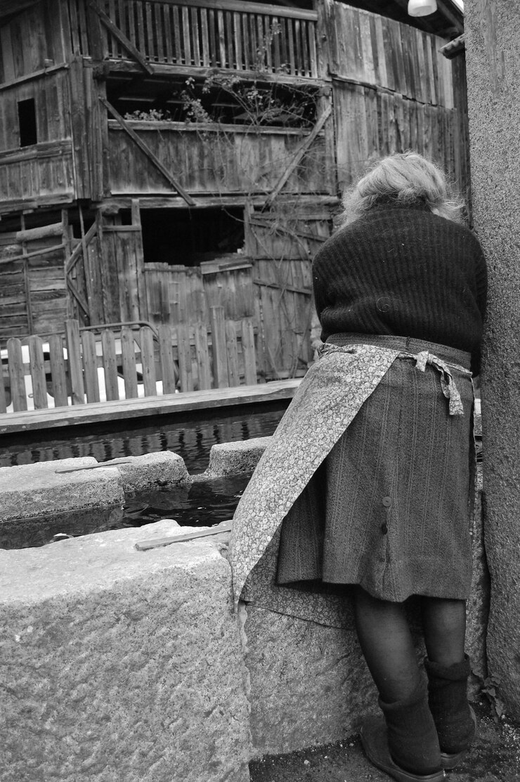 Фотография задний вид женщины, стоящей за дверью дома