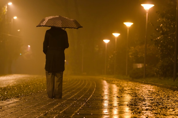 夜の雨季の路上に立っている女性の後ろの景色