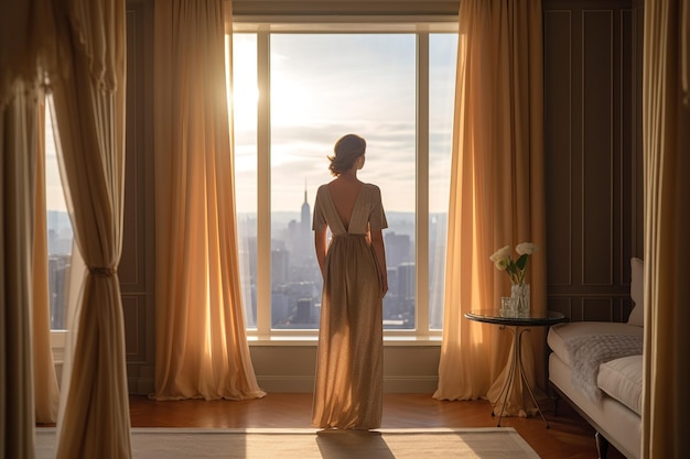 Вид сзади на женщину, стоящую у окна современной роскошной квартиры или гостиничного номера