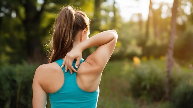 Rear view of woman stretching her arm and shoulder outdoots