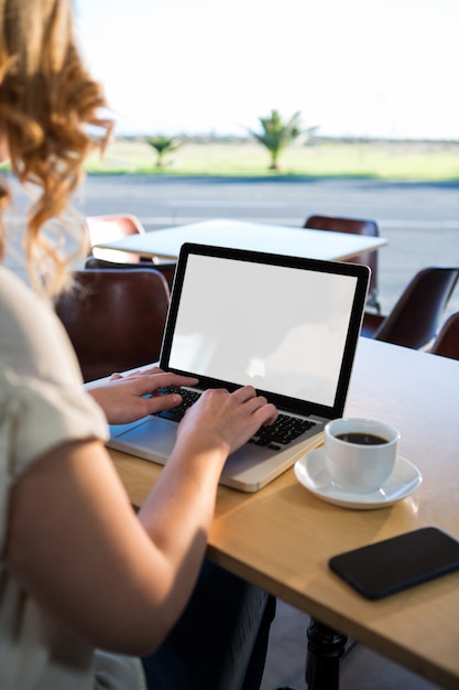 Rear view of woman using her laptop