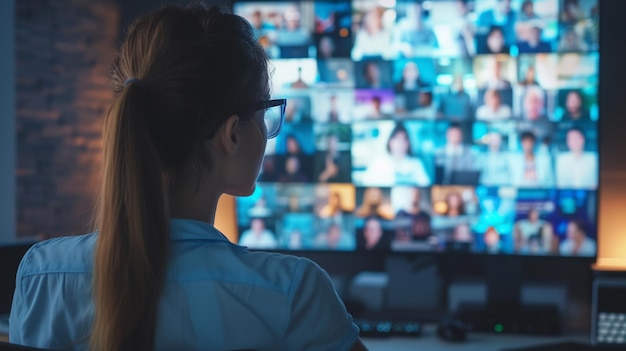 A rear view of a woman using a laptop in a surveillance room at night