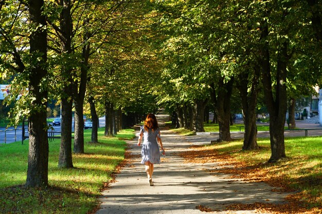 公園の歩道で木の間を歩く女性の後ろの景色