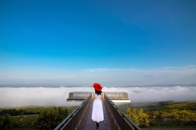 Photo rear view of woman walking on footbridge against blue sky
