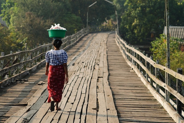 Rear view of woman walking on footbridge