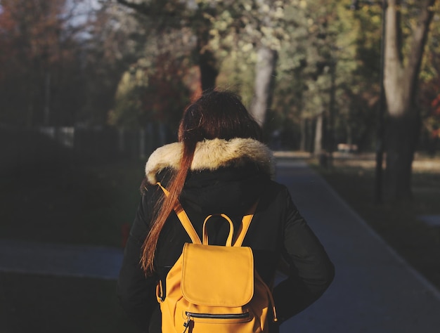 rear view of woman walking on footpath