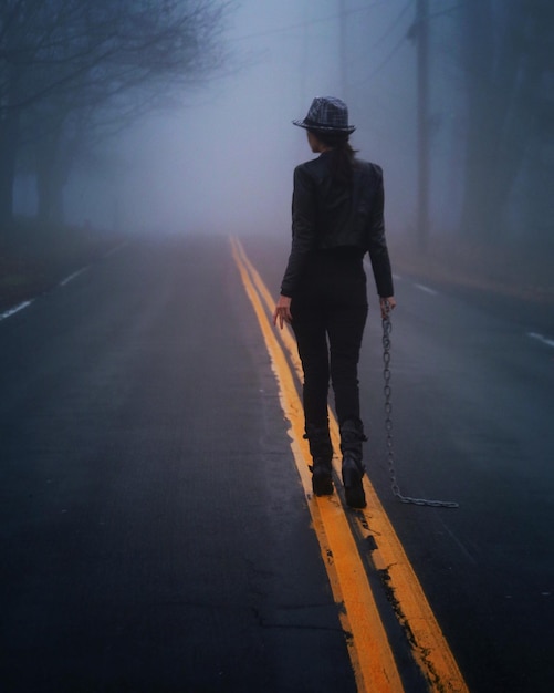 Rear view of woman walking on road