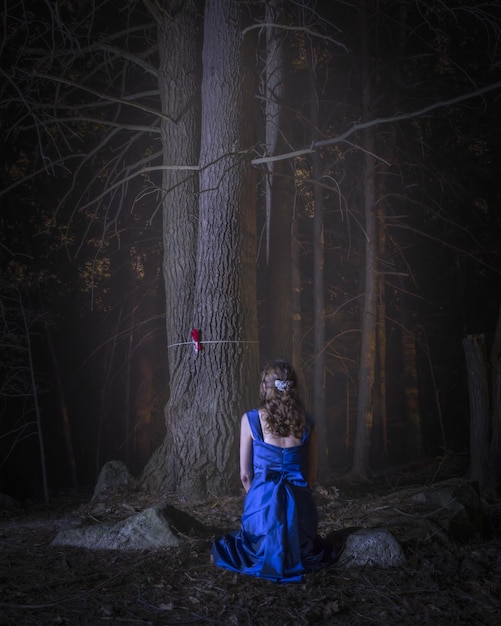 Foto vista posteriore di una donna che indossa un vestito blu nella foresta di notte