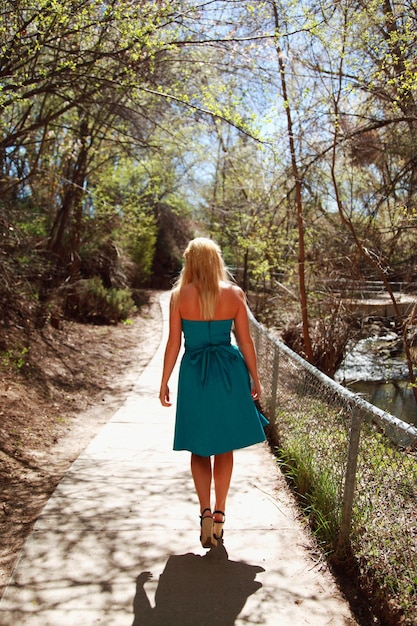 Rear view of woman wearing blue dress while walking on walkway by trees