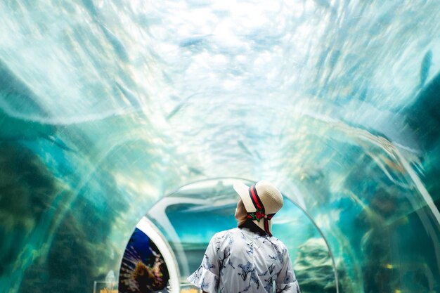 Foto vista posteriore di una donna che indossa un cappello in piedi all'acquario sottomarino