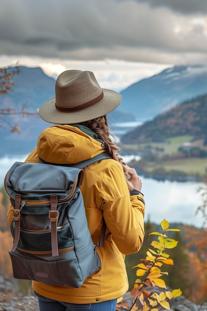 秋の湖と山の景色を眺めるバックパックと帽子をかぶった女性の後ろの景色