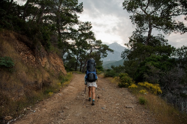 Rear view woman with backpack and hiking sticks walking on the dirt road among the trees and rocks