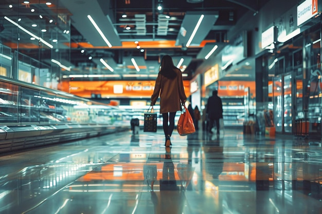 Photo rear view of woman with basket walking in big supermarket