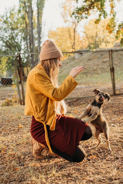 樹木に背を向けて犬を飼っている女性の後ろの景色