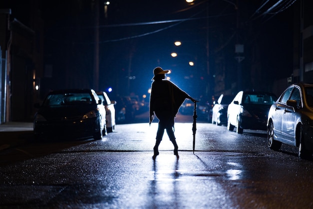 Rear view of woman with umbrella standing on street at night