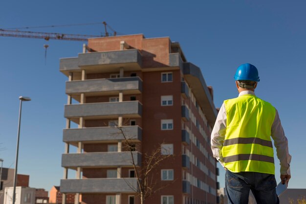 Rear view of worker working at construction site