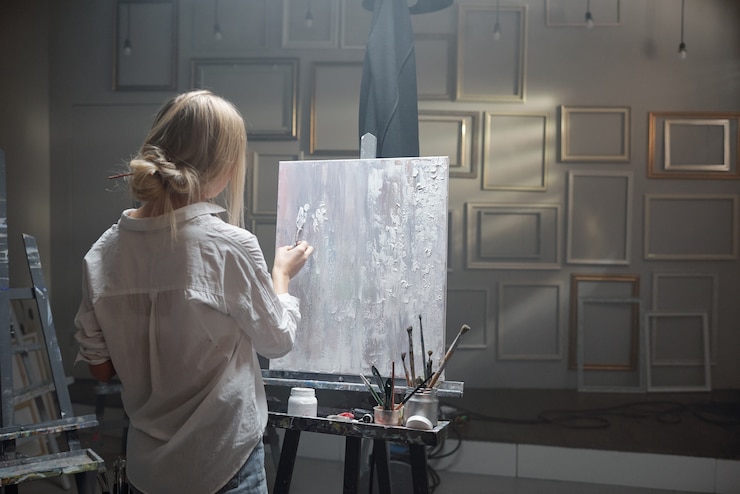 Photo rear view of young blond female painter standing in front of easel with unfinished painting during working process in studio