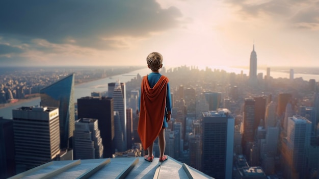 Rear view of young boy on top of skycraper dreaming of becoming a superhero Generative AI