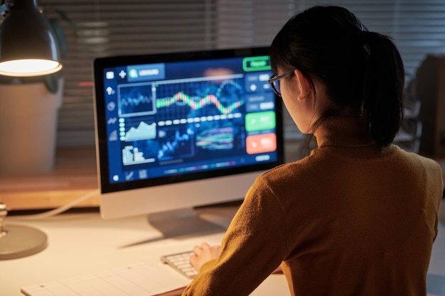 Rear view of young computer engineer sitting at table in front
of computer monitor and developing new software working till late
night at office