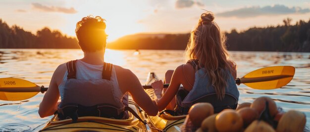 Foto vista posteriore di una giovane coppia in kayak sul lago al tramonto