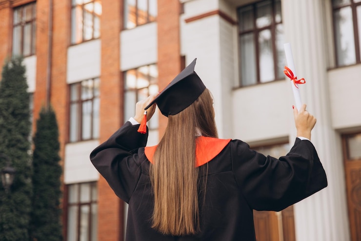 Photo rear view young female graduate celebrating achievement with diploma at university campus in bright sunshine