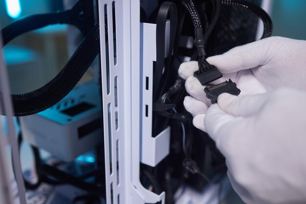 Rear view of a young man installing graphics card to his desktop computer at home